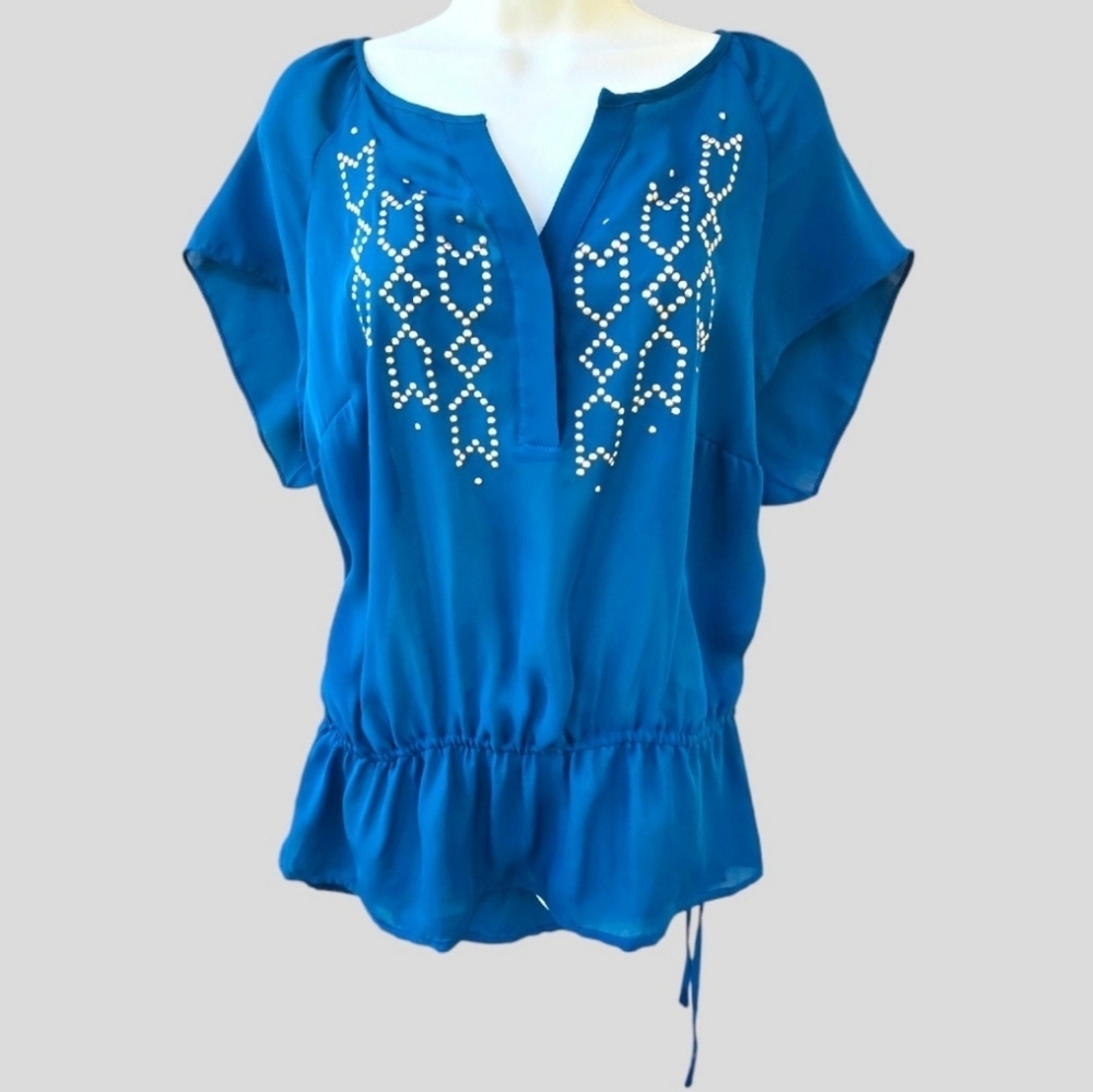 a.n.a Dark Teal Blouse Shirt with Gold Embellishments Women's Size 1X EUC